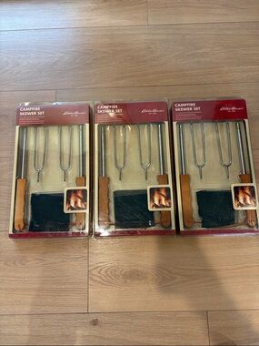 Campfire Skewer Sets - Silver Metal & Brown Wood Handles (3-Pack)